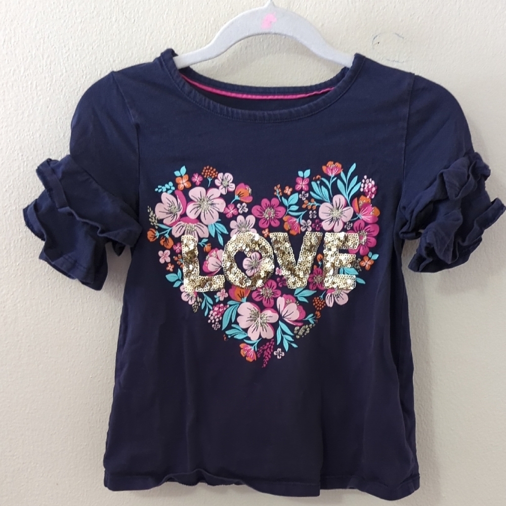 Isaac Mizrahi Love T-shirt Navy Blue Ruffle Sleeve Floral Heart Girls Size S 5-6